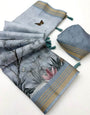 Devastating Grey Printed Cotton Silk Saree With Assemblage Blouse Piece