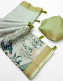 Mesmerising Pista Printed Cotton Silk Saree With Adoring Blouse Piece