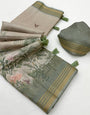 Enthralling Beige Printed Cotton Silk Saree With Resonant Blouse Piece