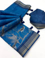 Splendorous Blue Printed Cotton Silk Saree With Scintilla Blouse Piece