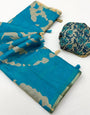 Lovely Sky Printed Cotton Silk Saree With Skinny Blouse Piece