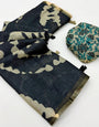Snappy Black Printed Cotton Silk Saree With Admirable Blouse Piece