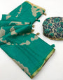 Symmetrical Rama Printed Cotton Silk Saree With Panache Blouse Piece