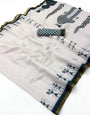 Pleasant Off White Printed Cotton Silk Saree With Jazzy Blouse Piece