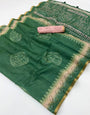 Ephemeral Dark Green Printed Cotton Silk Saree With Fancifull Blouse Piece