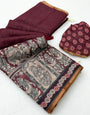 Smashing Wine Kalamkari Printed Cotton Silk Saree With Zephyr Blouse Piece