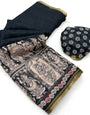 Ebullience Black Kalamkari Printed Cotton Silk Saree With Rhapsody Blouse Piece