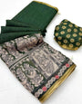 Transcendent Dark Green Kalamkari Printed Cotton Silk Saree With Fragrant Blouse Piece