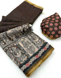 Enthralling Brown Kalamkari Printed Cotton Silk Saree With Trendy Blouse Piece