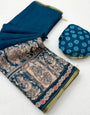 Incredible Navy Blue Kalamkari Printed Cotton Silk Saree With Adorning Blouse Piece