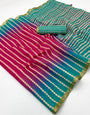 Alluring Dark Pink and Green Printed Cotton Silk Saree With Flattering Blouse Piece