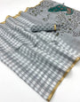 Moiety Grey Printed Cotton Silk Saree With Rhapsody Blouse Piece