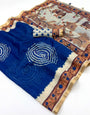 Fugacious Navy Blue Printed Cotton Silk Saree With Splendiferous Blouse Piece