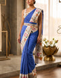 Glittering Blue Printed Cotton Silk Saree With Impressive Blouse Piece