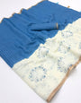 Woebegone Beige And Blue Printed Cotton Silk Saree With Splendorous Blouse Piece