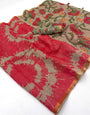 Palimpsest Red Printed Cotton Silk Saree With Opulent Blouse Piece