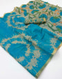 Devastating Firozi Printed Cotton Silk Saree With Scintilla Blouse Piece
