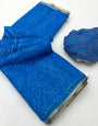 Sumptuous Royal Blue Printed Cotton Silk Saree With Flameboyant Blouse Piece