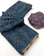 Amazing Blue Printed Cotton Silk Saree With Lassitude Blouse Piece