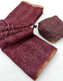 Beauteous Maroon Printed Cotton Silk Saree With Charming Blouse Piece