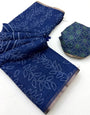 Invaluable Navy Blue Printed Cotton Silk Saree With Glittering Blouse Piece