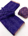 Enticing Royal Purple Printed Cotton Silk Saree With Twirling Blouse Piece