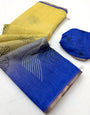 Capricious Yellow and Blue Printed Cotton Silk Saree With Engrossing Blouse Piece