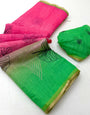 Flattering Pink and Green Printed Cotton Silk Saree With Radiant Blouse Piece