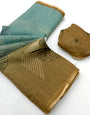 Blissful Sky and Brown Printed Cotton Silk Saree With Enchanting Blouse Piece