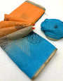 Effulgent Orange and Blue Printed Cotton Silk Saree With Mesmeric Blouse Piece