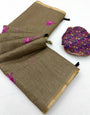Enamoring Dark Beige Printed Cotton Silk Saree With Posh Blouse Piece