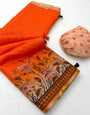 Ethereal Orange Printed Cotton Silk Saree With Ailurophile Blouse Piece