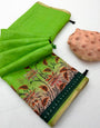 Excellent Parrot Printed Cotton Silk Saree With Glorious Blouse Piece