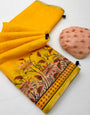 Incomparable Yellow Printed Cotton Silk Saree With Tremendous Blouse Piece