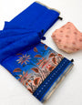 Smart Royal Blue Printed Cotton Silk Saree With Stunning Blouse Piece