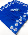 Amazing Royal Blue Printed Cotton Silk Saree With Traditional Blouse Piece