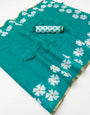 Innovative Sea Green Printed Cotton Silk Saree With Pleasurable Blouse Piece