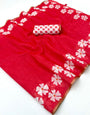 Tantalizing Red Printed Cotton Silk Saree With Demure Blouse Piece