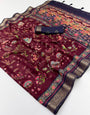 Lissome Wine Printed Viscose Silk Saree With Brood Blouse Piece