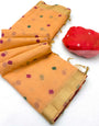 Adorable Peach Pure Munga Cotton Silk Saree With Dazzling Blouse Piece