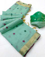 Ethnic Sea Green Pure Munga Cotton Silk Saree With Charismatic Blouse Piece