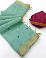 Jubilant Sea Green Pure Munga Cotton Silk Saree With Magnificat Blouse Piece