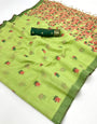 Charismatic Pista Pure Munga Cotton Silk Saree With Woebegone Blouse Piece