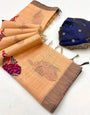 Sizzling Peach Pure Munga Cotton Silk Saree With Nemesis Blouse Piece
