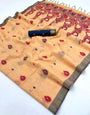 Jubilant Peach Pure Munga Cotton Silk Saree With Imbrication Blouse Piece