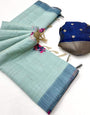 Efflorescence Sky Pure Munga Cotton Silk Saree With Evocative Blouse Piece