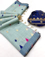 Diaphanous Sky Pure Munga Cotton Silk Saree With Embellished Blouse Piece