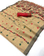 Staring Beige Pure Munga Cotton Silk Saree With Alluring Blouse Piece