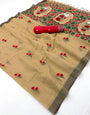 Twirling Beige Pure Munga Cotton Silk Saree With Panoply Blouse Piece