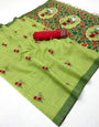 Elaborate Pista Pure Munga Cotton Silk Saree With Beleaguer Blouse Piece